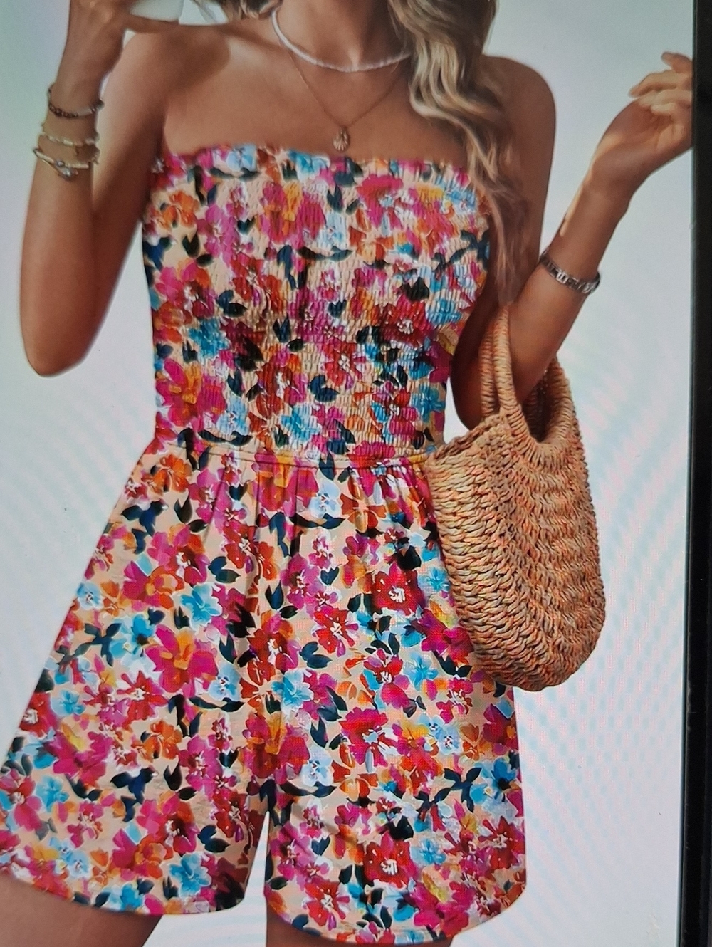 NWT Womens Floral Strapless Smocked One-Piece Shorts Romper